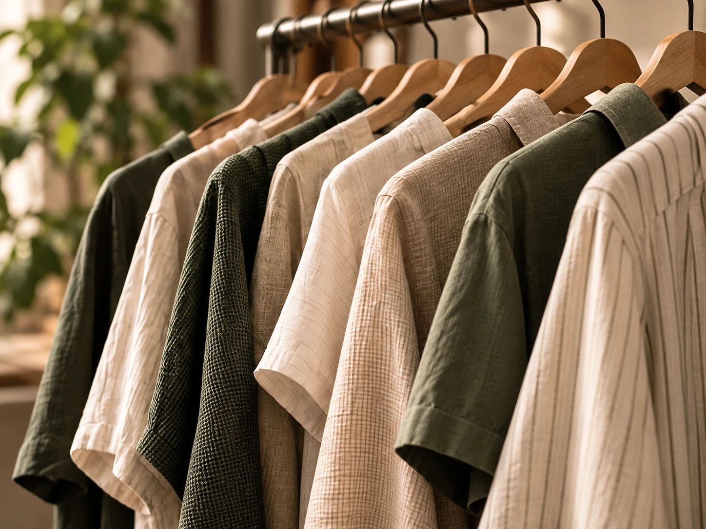 Shirts in natural and green tones on wooden hangers