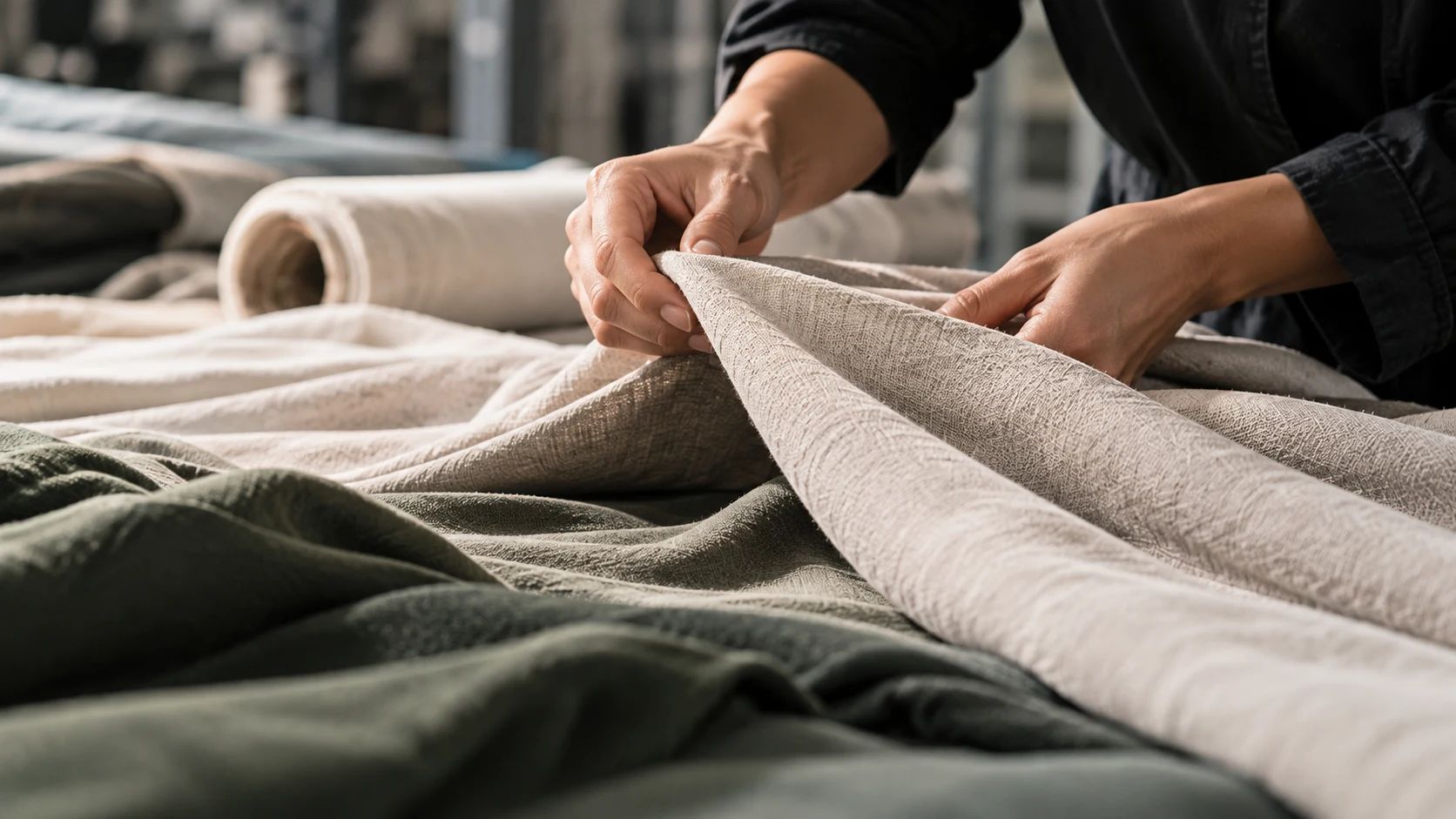 Hands handling beige and green fabrics on a production table