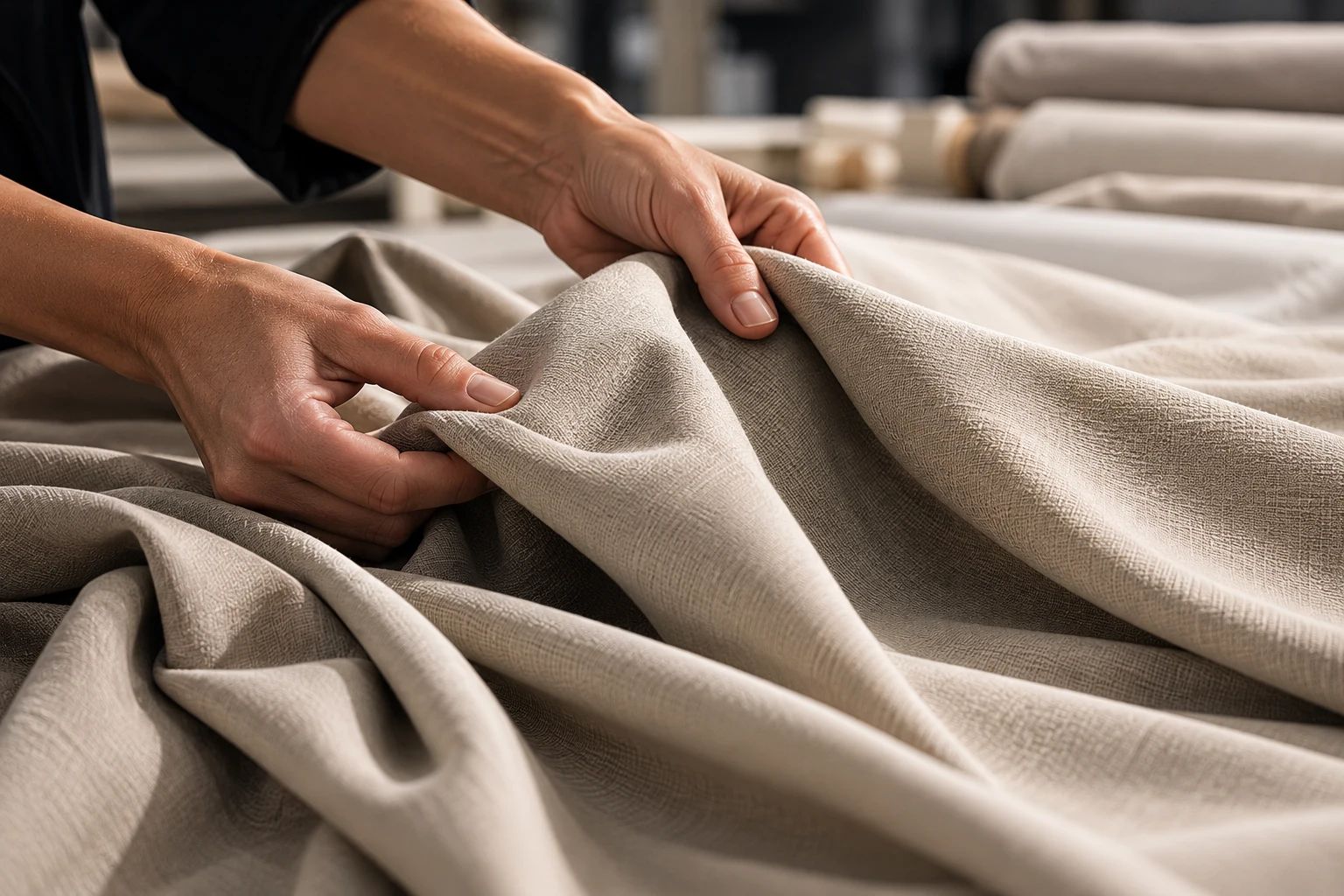 Hands adjusting beige fabric in a textile factory
