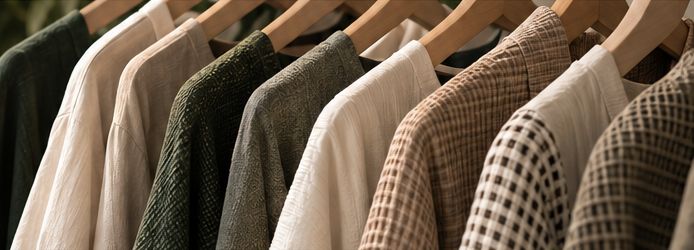 Shirts in green, natural and checked fabrics on wooden hangers