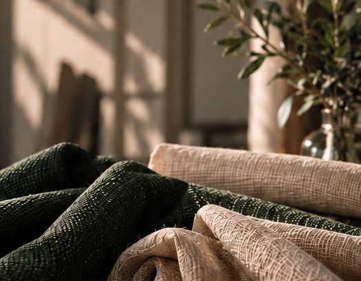 Green and natural woven fabrics on a table in soft daylight