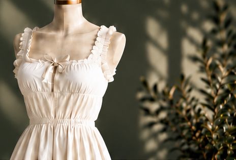Vestido marfim com alças de folhos num manequim de costura