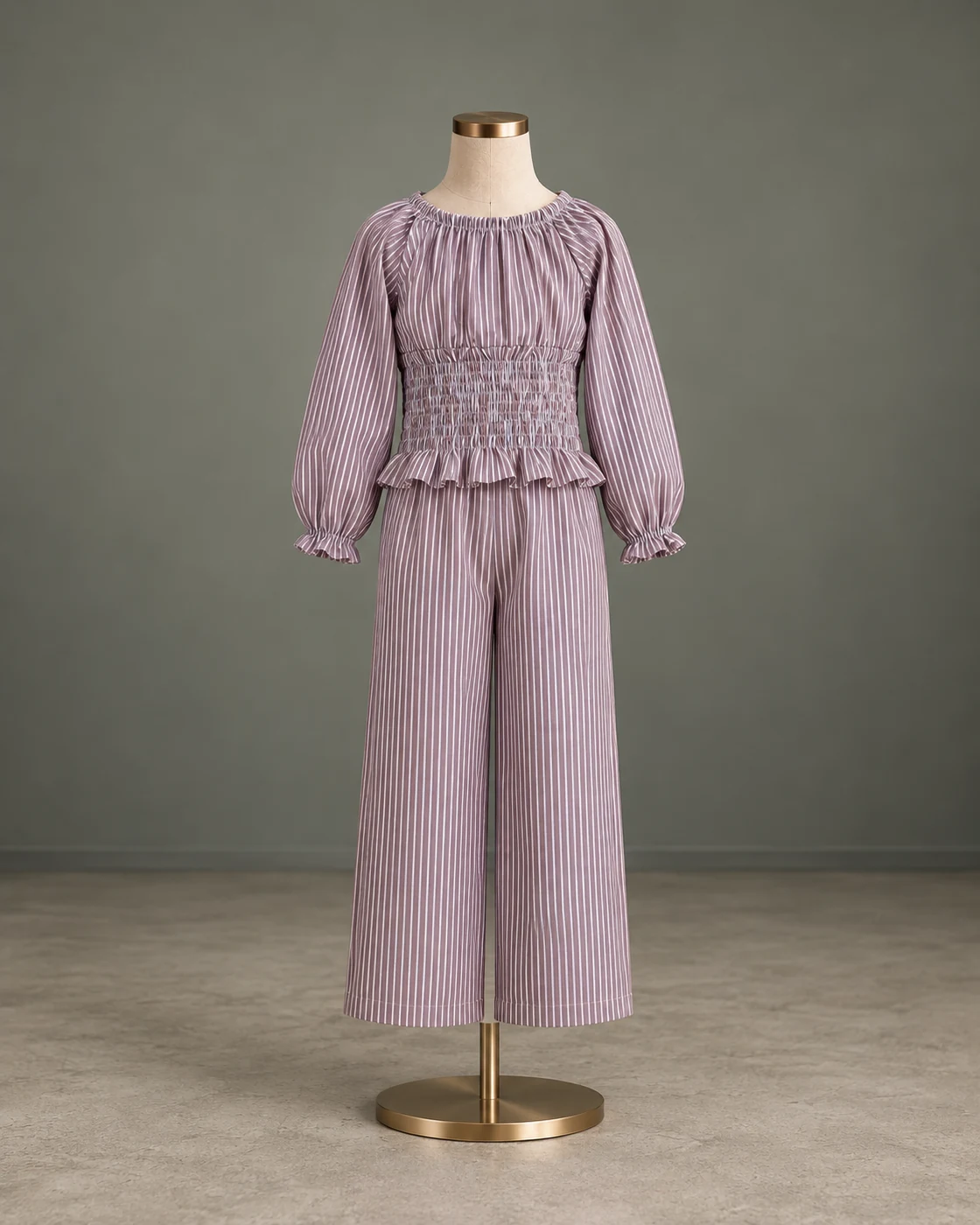 Lilac striped kids' set on the mannequin, front view