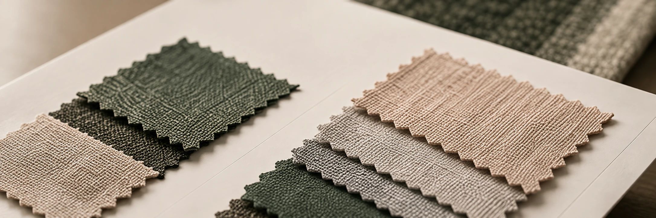 Fabric swatches in green and pink tones on a sample card