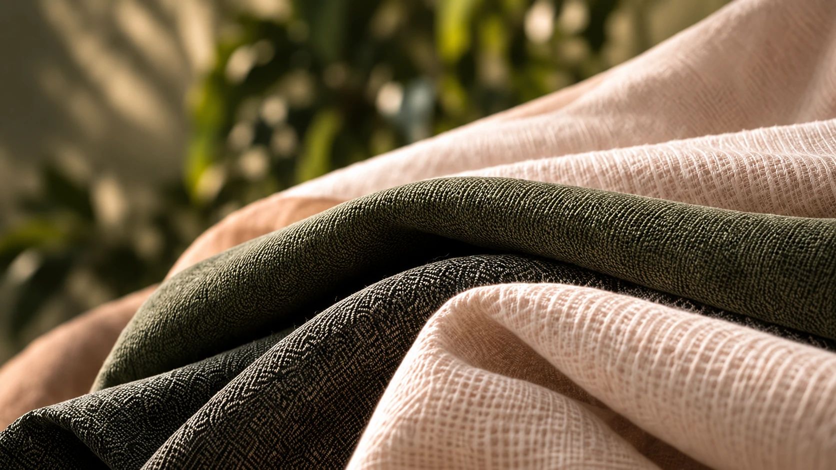 Folds of green and pale pink textured fabric
