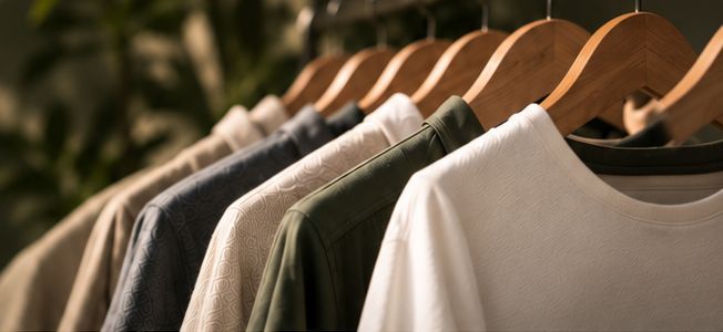 Prendas en tonos neutros y verdes colgadas en perchas de madera