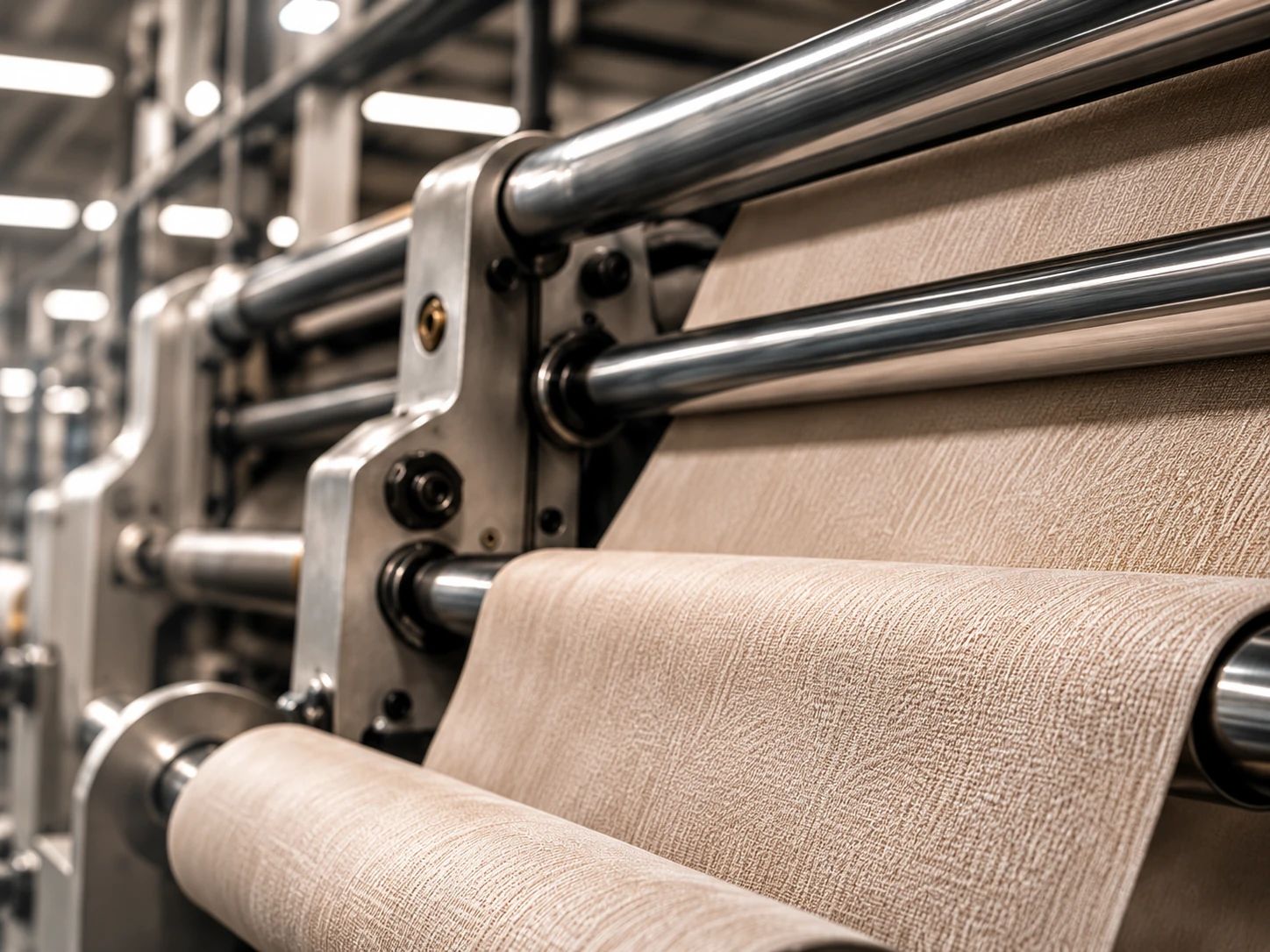 Fabric running through industrial finishing rollers