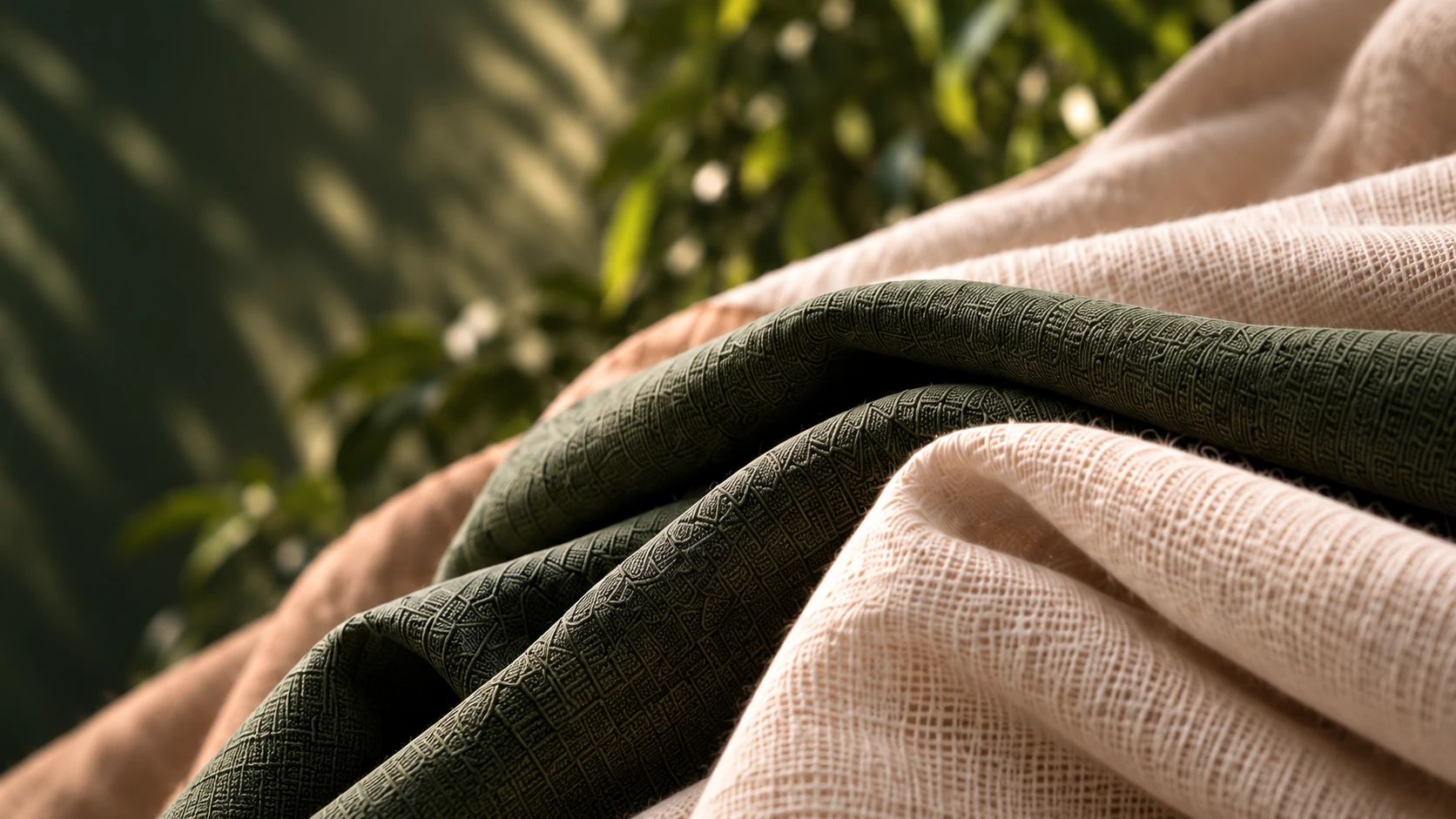 Green and natural woven fabrics in soft folds
